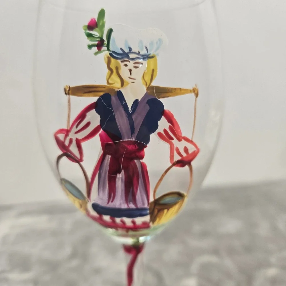 Hand Painted Folk Art Wine Glass Red White Candy Cane Twist Stem Holiday Holly
